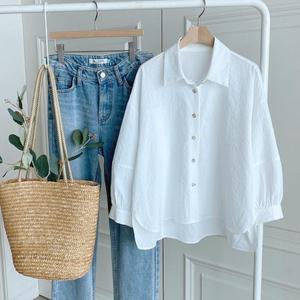 |CDH3BDD|흰블라우스 소매셔링 벌룬 아방핏 무지남방 여성봄코디