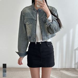 여성 차이나 카라 크롭 청 자켓 집업 투웨이 지퍼 샌드 워싱 데님 흑청 진청 연청 3컬러