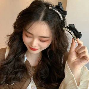 여자 진주리본큐빅 반묶음 잔머리 미니 헤어핀 집게핀-WF73C27