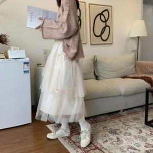 [오노마] ONM 여성 러블리 옆리본 망사 롱스커트 3단 레이스 스커트  14925858)