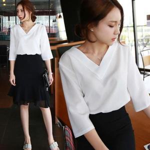 [QN34TY7W_55]여성 카라블라우스 봄여름 브이넥 칠부 3색