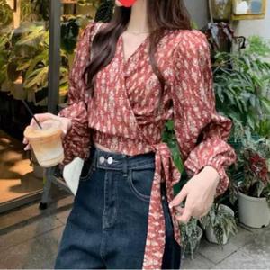 여성 쉬폰 랩 브이넥 꽃무늬 긴팔 블라우스
