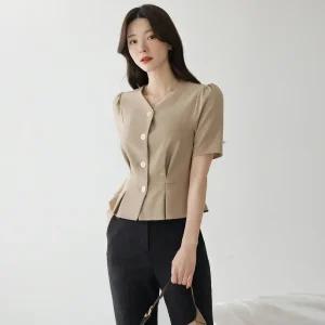 [시크라인] (~XXL까지) 사비 브이넥 핀턱 페플럼 블라우스 여름 완벽핏 하객룩 오피스룩 데이트 모임 미시 빅사이즈