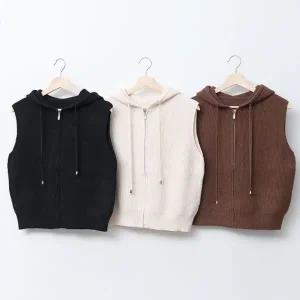 [다잇템] 여성 베스트 울니트 후디 슬리브리스 골지 베이직핏