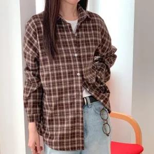 [다잇템] 여자 갈색남방 격자 롱슬리브 빅사이즈 캠퍼스룩 FW 셔츠