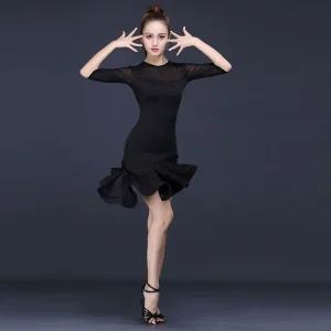 라인댄스복 블랙 시스루 라틴댄스복 줌바 긴팔 원피스