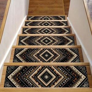 15피스 계단 트레드 논슬립 베이지 및 블랙 에스닉 패턴 30인치 x 8인치 실내 세척 가능한 그립 필 스틱 카펫 계단용 러너 매트 나무 스텝용