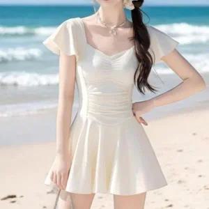 [다잇템]여성 귀여운 반소매 하트네크 프릴 원피스_P405956498