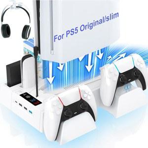 컨트롤러 충전 스테이션이 있는 PS5 / PS5 슬림 냉각 스테이션, PlayStation 5 콘솔용 냉각 스탠드, 저장 슬롯이 있는 PS 5 도크 액세서리 정리함, PS 5 쿨러 팬, 헤드셋 홀더, USB 허브 4개