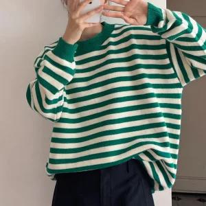 스트라이프 긴팔 니트 티셔츠 오버핏 카라 탈부착 여성 빅사이즈