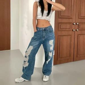 여자 Y2K 구제 데미지 워싱 로우라이즈 청바지_4