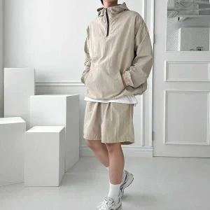 남성 코디세트 후드 반집업 긴팔 반바지 나일론재질 남자코디