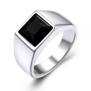 KeyStyle 남성용 사각 원석 인장 반지, 맞춤형 스테인리스 스틸 핑키 링, 블랙 온시 블루 토파즈 탄생석 스