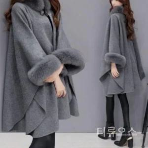 티류으스 여성 가을 겨울 긴 토끼털 칼라 미디엄 코트 캐주얼 망토 스타일 울 빅사이즈 WX