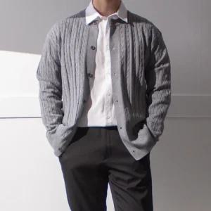 얇은 케이블 라운드넥 니트 가디건 / 출근 데이트 덴디룩 레이어드 단추 버튼 꽈배기 카디건