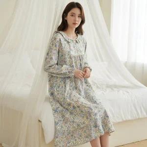 [바풀] JWS EM 181125 순면 여성 잠옷 아사면 원피스 실내복 아사면 드레스 긴팔