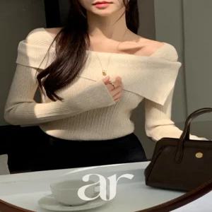 (여리한쇄골라인/여성스러움UP) 오브텐 슬림 골지 언발 오프숄더 니트 nt5191