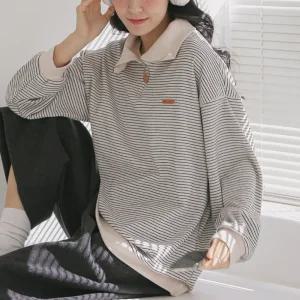 스트라이프 반집업 카라 맨투맨 티셔츠 루즈핏 여성 빅사이즈