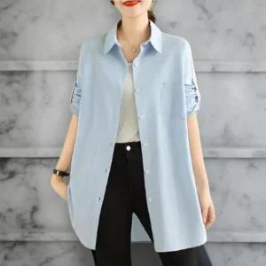 여성 블루 화이트 뒷버튼 면 루즈핏 롱 셔츠