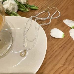 더블 진주 드롭 팬던트 레이어드 목걸이