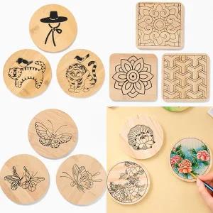 민화샵 민화 컵받침세트 3개 1세트 도안컵받침 전통 까치 호랑이 만들기 사각 원형 원목 티코스터 꾸미기