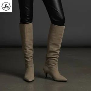 [애슬릿] 스웨이드 롱 부츠 여성 스틸레토 버클 미들 힐