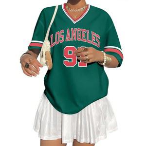 여성용 저지 셔츠 Y2k 로스앤젤레스 오버사이즈 숫자 프린트 V 넥 하프 슬리브 스트라이프 티 스트리트웨어 상의