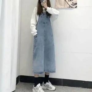 [하프클럽/]데님롱 치마 멜빵 원피스 청치마 스커트