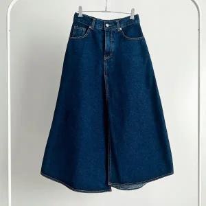 [다잇템] 여자 언발 백밴딩 슬릿 에이라인 주머니 데님스커트 롱스커트