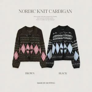 핫핑 [헤어리/떡볶이가디건] 바제스 루즈핏 아가일 노르딕 울 토글 니트가디건