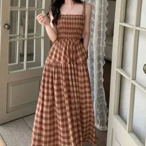 여성 체크 패턴 튜브탑 A라인 민소매 롱 원피스