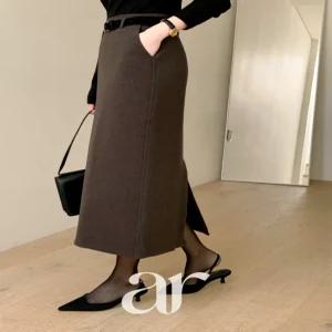 메리노울 벨트세트 H라인 슬릿 롱 스커트 하객룩 오피스룩 데이트룩 출근룩 나들이룩 겨울치마 sk7549