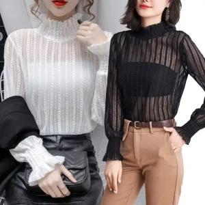 여자 시스루 프릴 레이스 블라우스 반목 귀여운 데이트룩 블라우스 