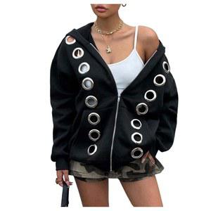 메이크메칙 여성용 펑크 집업 스웨트셔츠 그로밋 아일렛 긴팔 후드티 Y2K 의상