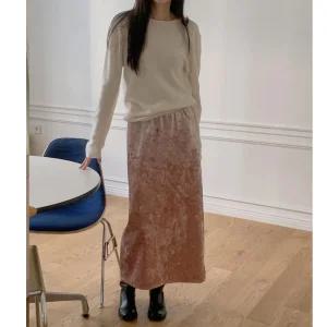 R58 드림 벨벳스커트 밍크안감 밴딩롱스커트 H라인 뒤트임 겨울 따뜻한