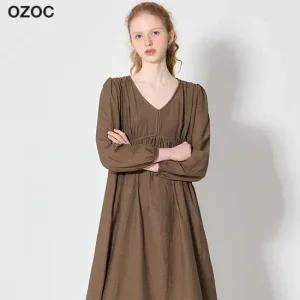 오조크 퍼프 소매 브이넥 롱 원피스