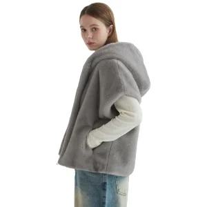 몰리올리 여성베스트 인조퍼 여성조끼 조끼 후드-그레이-M/L