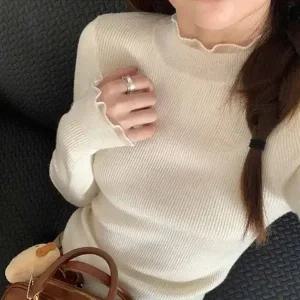 하이넥 골지 긴팔 프릴 니트티