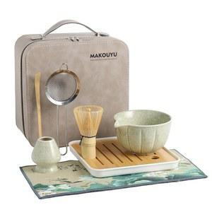 MAKOUYU 말차 거품기 세트, 홀더/스쿱/시프터/가죽 보관함 포함 8개 14온스, 다도용 완벽 키트, 일본 차 제조 도구(녹색)
