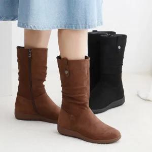 여성 겨울 털안감 스웨이드 굽낮은 발편한 반부츠 미들부츠 신발 3cm