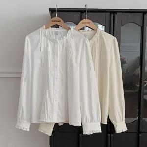 [핫핑](센텀시티점)[러블리/하객룩추천] 헤르만 핀턱 프릴 라운드넥 퍼프블라우스 P000CQYY