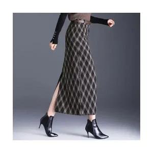 여성 데일룩 스커트 정장 모직 체크 힙업 원턱 가을 겨울 일자 슬림핏 롱 DAOL4