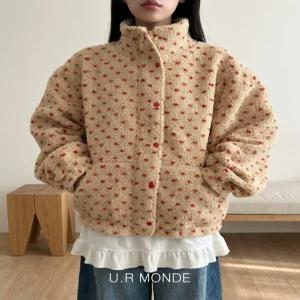 [유아몽드]겨울 여성 도트 뽀글이 자켓 하이넥 집업 땡땡이 덤블