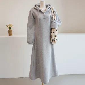 [잇수다] 인세든 양기모 투버튼 후드 퍼프 플레어 롱 원피스