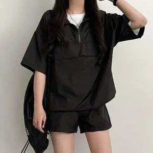 데일리룩 스테디우먼 믹스컬러 하프집업 아웃도어자켓 오버핏 셋업