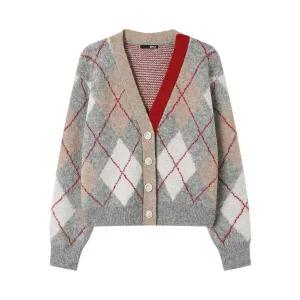 [BNX]배색 V넥 라인 아가일 패턴 크롭 가디건 (BX4CD049L0)