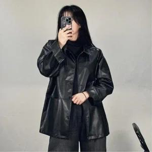 [마이모노샵] 여성 시크 캐주얼 오버핏 블랙 검정 레더 가죽 자켓