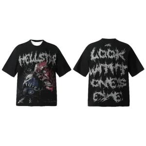 헬 프린팅 하이 오토바이의류 루즈핏 반팔 스트 스타 티셔츠 프린트 상의 3D 초상화 남녀 공용 커플