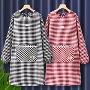 체크 긴팔앞치마 공방 카페 작업복 긴소매 원피스