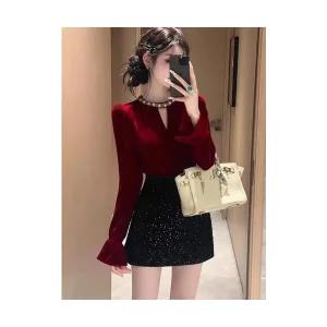 여자 정장세트 귀티 천금 스러운 중요한 자리 고급스럽고 세련된 레드 벨벳 셔츠 원피스 세트 겨울 BE4